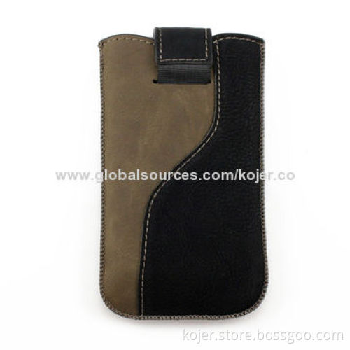 Leather Mobile Phone Pouches for iPhone 5, Made of PU Leather and Retractable Pull-tab